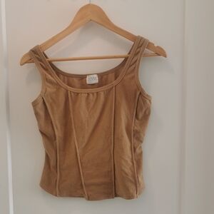 Donna Karan Tan Scoop Neck Tank with Panel Seams